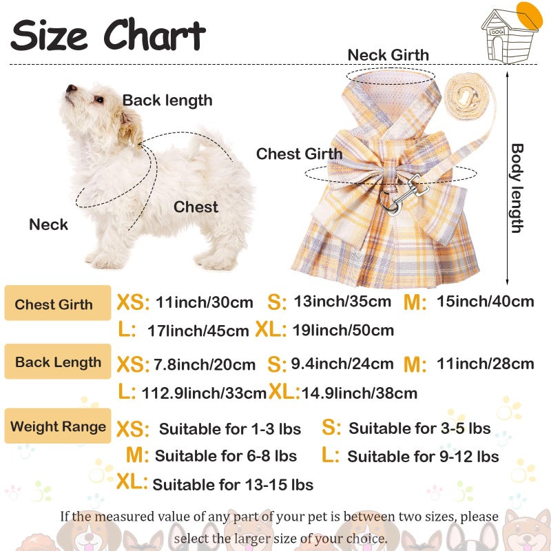 Potchen 4 Pcs Cute Plaid Dog Dress Set with Bow Tie Harness & Leash for Small Dogs, Puppy Clothes for Girls Outfits(S,Light Color) - Image 2