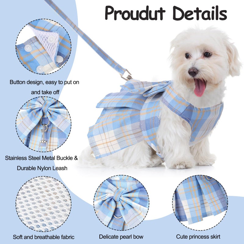Potchen 4 Pcs Cute Plaid Dog Dress Set with Bow Tie Harness & Leash for Small Dogs, Puppy Clothes for Girls Outfits(S,Light Color) - Image 4