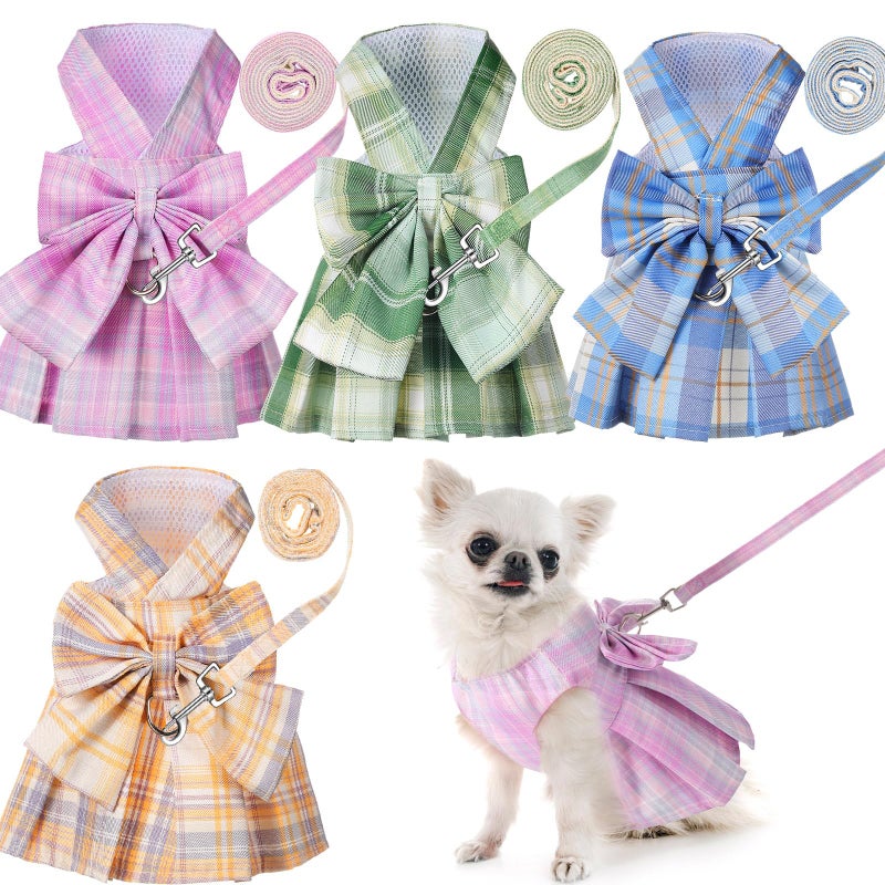 Potchen 4 Pcs Cute Plaid Dog Dress Set with Bow Tie Harness & Leash for Small Dogs, Puppy Clothes for Girls Outfits(S,Light Color) - Image 1