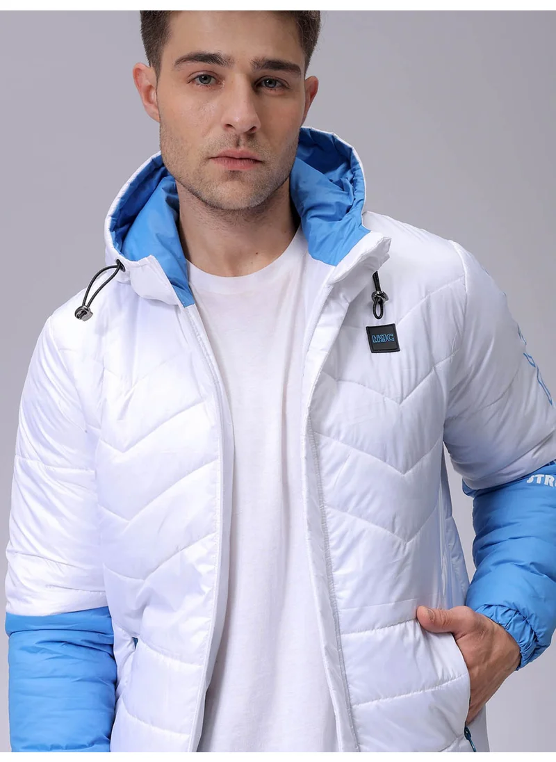 The Indian Garage Co Mens White Slim Fit Color Block Hooded Zipper Placket Zipper Pocket Winter Jacket