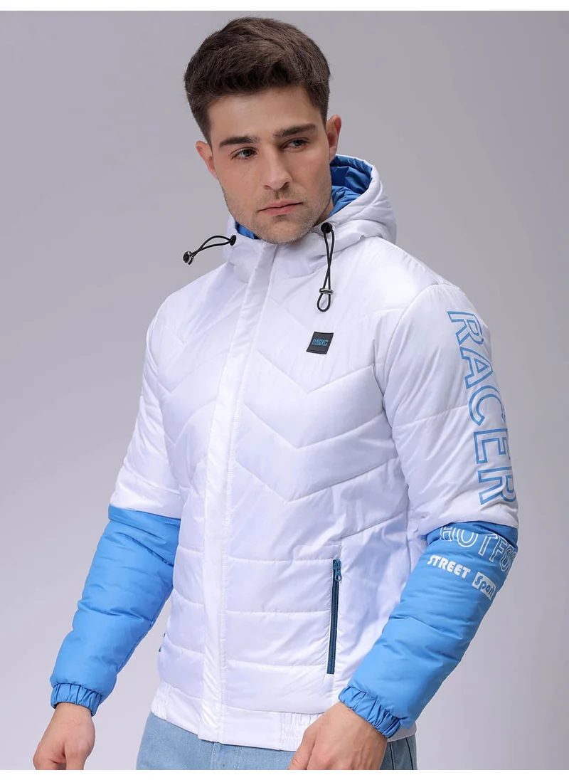 The Indian Garage Co Mens White Slim Fit Color Block Hooded Zipper Placket Zipper Pocket Winter Jacket