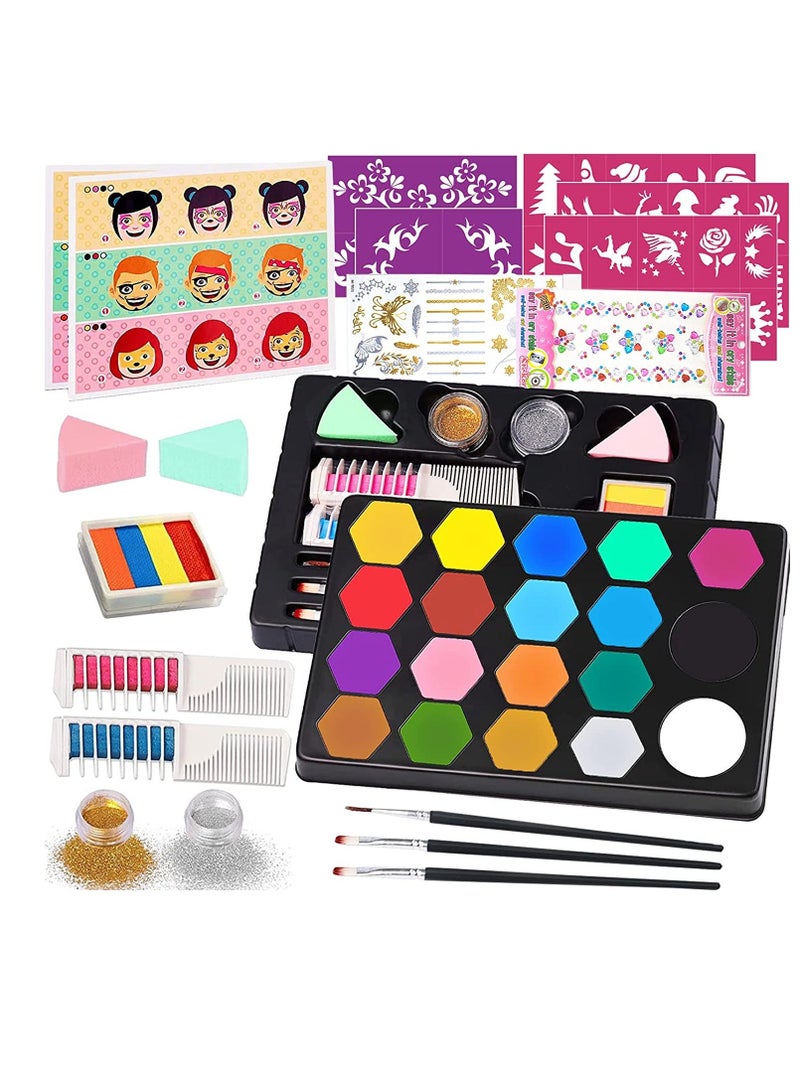 37 PCS Face Painting Kits for Kids, 19 Colors Water Based  Quick Dry Body Face Paint Set with 35 Stencils  3 Brushes,Sticker,Sponge, Professional  Makeup Kit E aster Carnival - Image 1