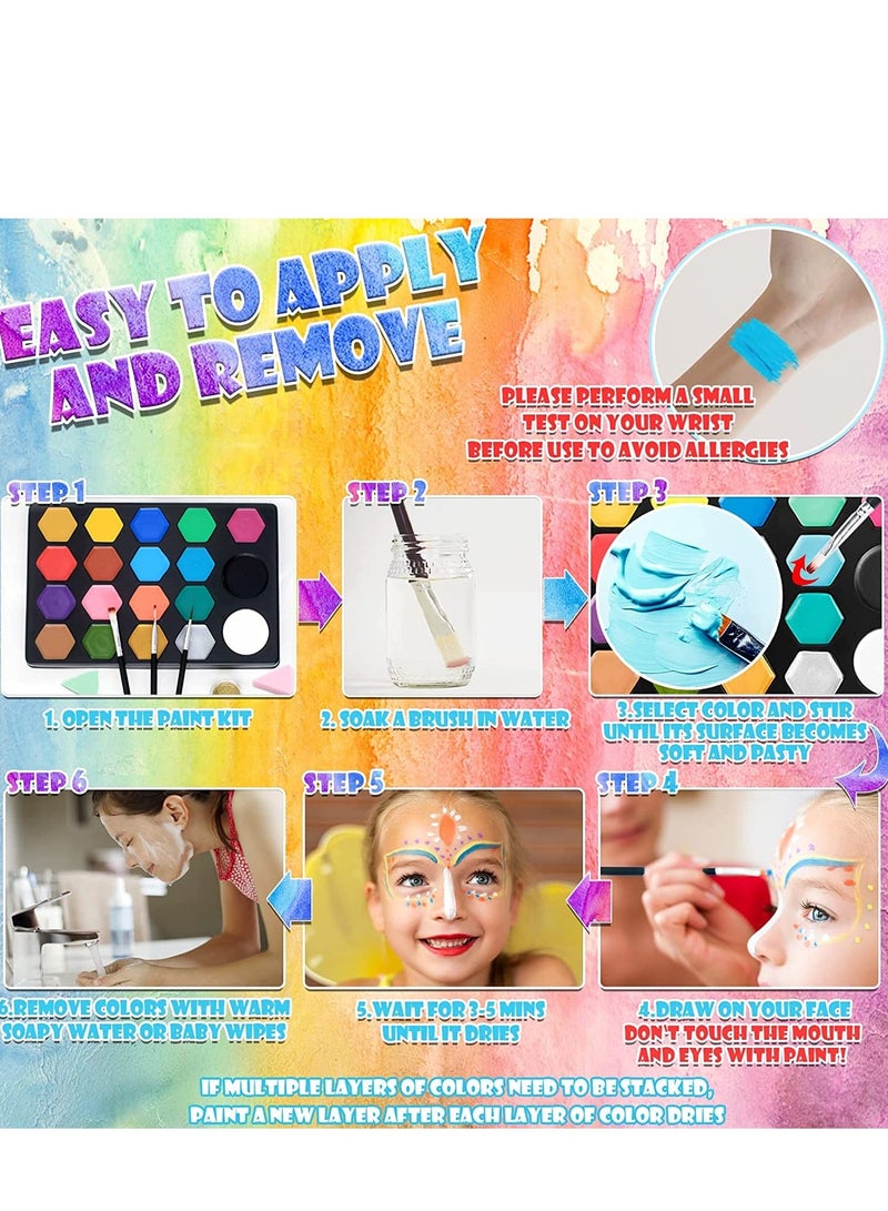 37 PCS Face Painting Kits for Kids, 19 Colors Water Based  Quick Dry Body Face Paint Set with 35 Stencils  3 Brushes,Sticker,Sponge, Professional  Makeup Kit E aster Carnival - Image 5