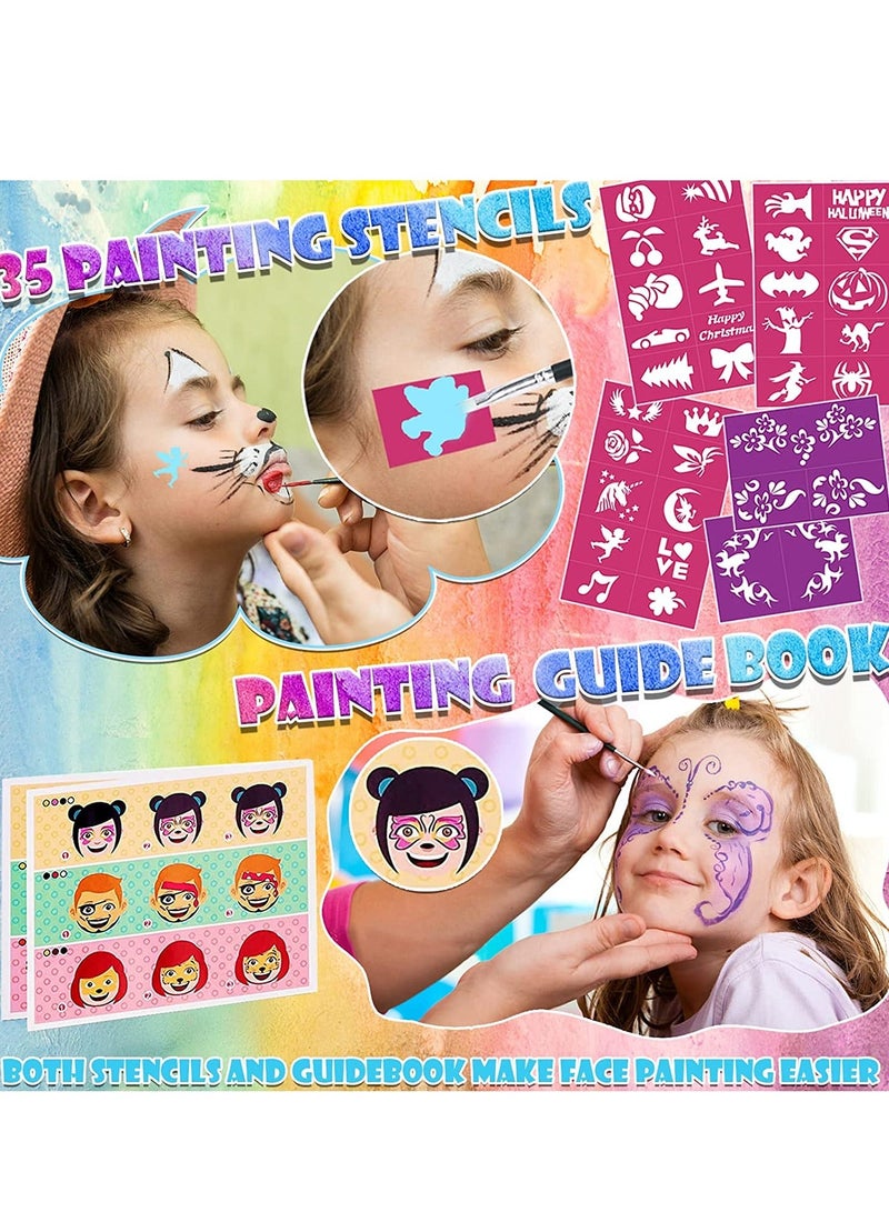 37 PCS Face Painting Kits for Kids, 19 Colors Water Based  Quick Dry Body Face Paint Set with 35 Stencils  3 Brushes,Sticker,Sponge, Professional  Makeup Kit E aster Carnival - Image 2