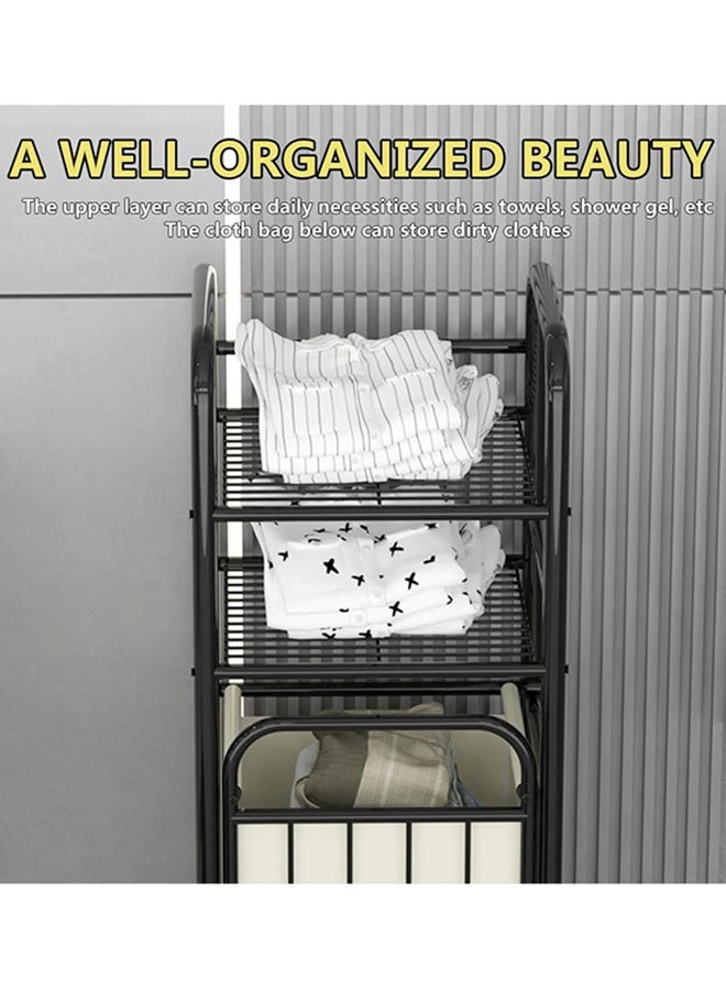 RollsTimi  Metal Laundry Basket with Shelves, Sturdy Space-Saving Clothes Organizer, Easy Assembly & Clean, with 2 Tiers, Removable Hamper, for Bathroom, Balcony, Laundry Room - Image 3