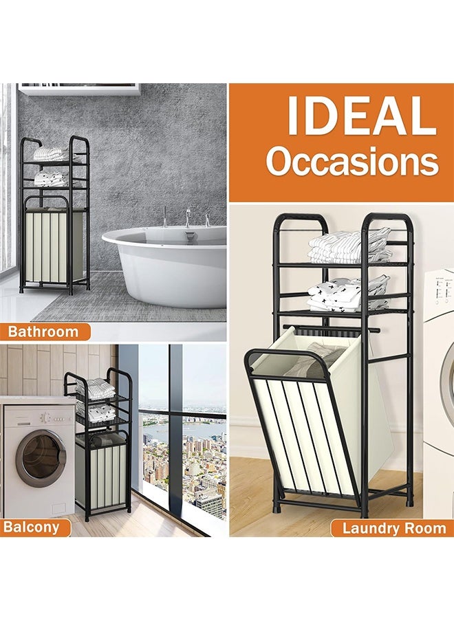 RollsTimi  Metal Laundry Basket with Shelves, Sturdy Space-Saving Clothes Organizer, Easy Assembly & Clean, with 2 Tiers, Removable Hamper, for Bathroom, Balcony, Laundry Room - Image 4