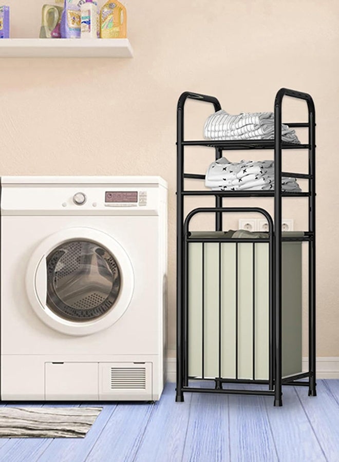 RollsTimi  Metal Laundry Basket with Shelves, Sturdy Space-Saving Clothes Organizer, Easy Assembly & Clean, with 2 Tiers, Removable Hamper, for Bathroom, Balcony, Laundry Room - Image 1