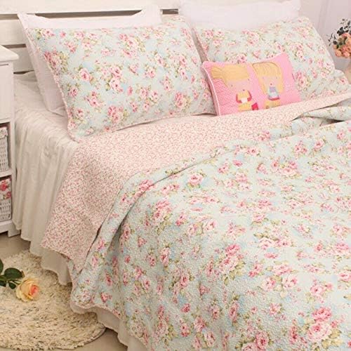 Kolachic 3 PCS Country Cottage Floral Bedspread Quilt Coverlet Patchwork 100% Cotton Light Blue Queen Size - Image 3