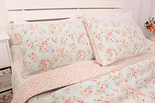 Kolachic 3 PCS Country Cottage Floral Bedspread Quilt Coverlet Patchwork 100% Cotton Light Blue Queen Size - Image 5
