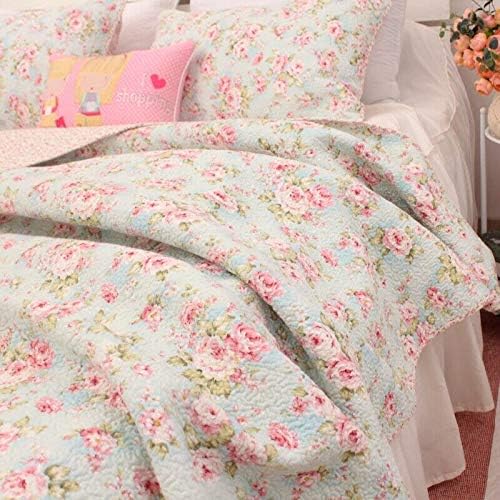 Kolachic 3 PCS Country Cottage Floral Bedspread Quilt Coverlet Patchwork 100% Cotton Light Blue Queen Size - Image 2