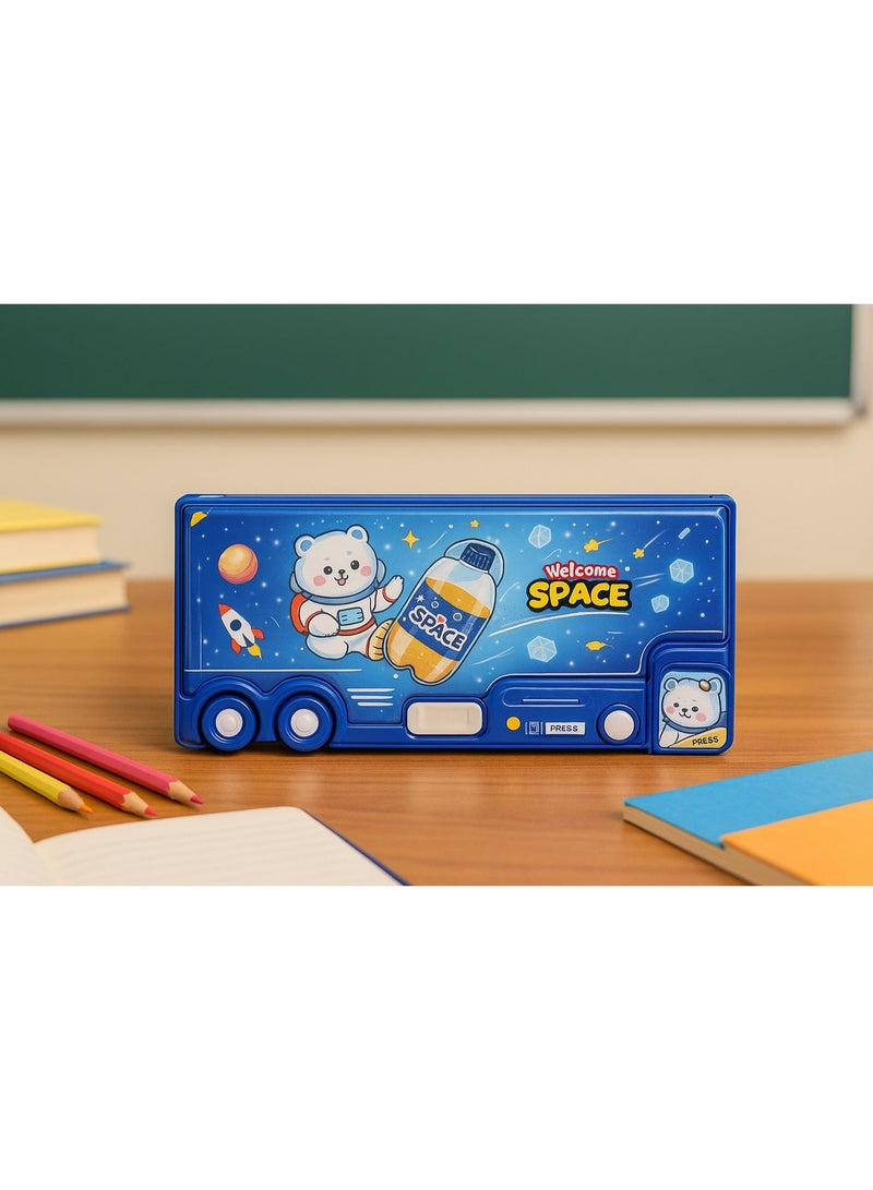 سبيس صندوق أقلام رصاص للأطفال على شكل حافلة - صندوق قرطاسية كرتوني بموضوع الفضاء - مساحة تخزين كبيرة، تصميم حافظة صلبة - لوازم مدرسية ودراسية (أزرق) - Image 4