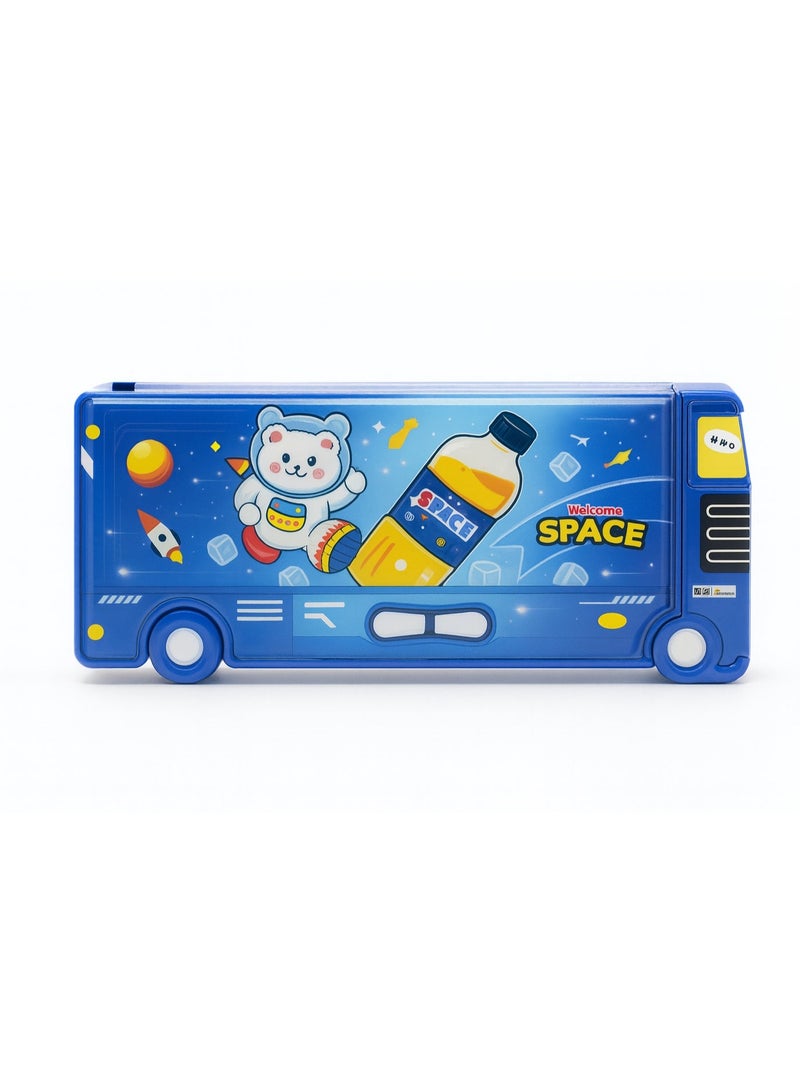 سبيس صندوق أقلام رصاص للأطفال على شكل حافلة - صندوق قرطاسية كرتوني بموضوع الفضاء - مساحة تخزين كبيرة، تصميم حافظة صلبة - لوازم مدرسية ودراسية (أزرق) - Image 1
