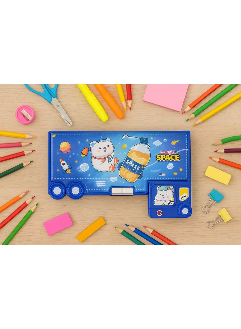 سبيس صندوق أقلام رصاص للأطفال على شكل حافلة - صندوق قرطاسية كرتوني بموضوع الفضاء - مساحة تخزين كبيرة، تصميم حافظة صلبة - لوازم مدرسية ودراسية (أزرق) - Image 2