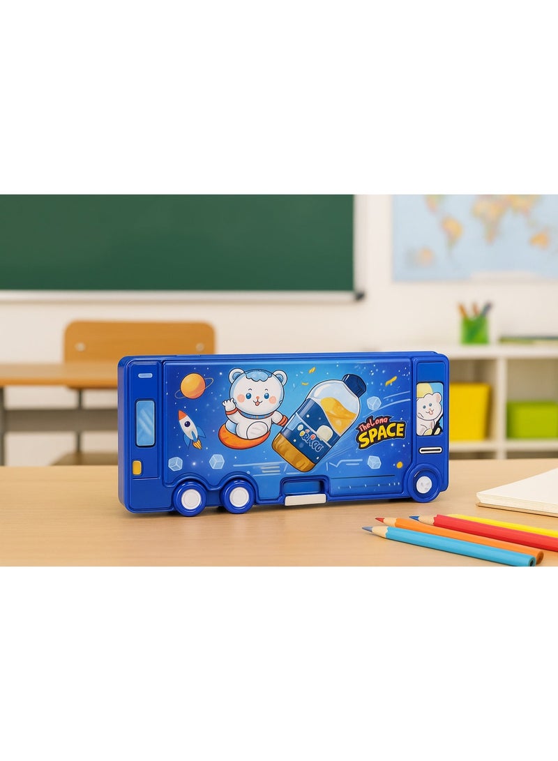 سبيس صندوق أقلام رصاص للأطفال على شكل حافلة - صندوق قرطاسية كرتوني بموضوع الفضاء - مساحة تخزين كبيرة، تصميم حافظة صلبة - لوازم مدرسية ودراسية (أزرق) - Image 3