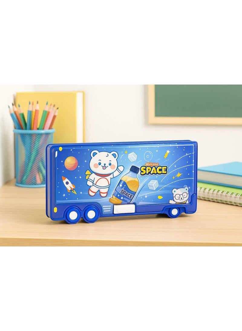 سبيس صندوق أقلام رصاص للأطفال على شكل حافلة - صندوق قرطاسية كرتوني بموضوع الفضاء - مساحة تخزين كبيرة، تصميم حافظة صلبة - لوازم مدرسية ودراسية (أزرق) - Image 5