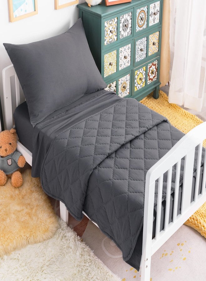 NTBAY Toddler Bedding Set - 4 Piece Soft and Breathable Crib Bedding Set for Boys and Girls, Includes Quilted Comforter, Fitted Sheet, Flat Top Sheet and Envelope Pillowcase, Dark Grey - Image 2