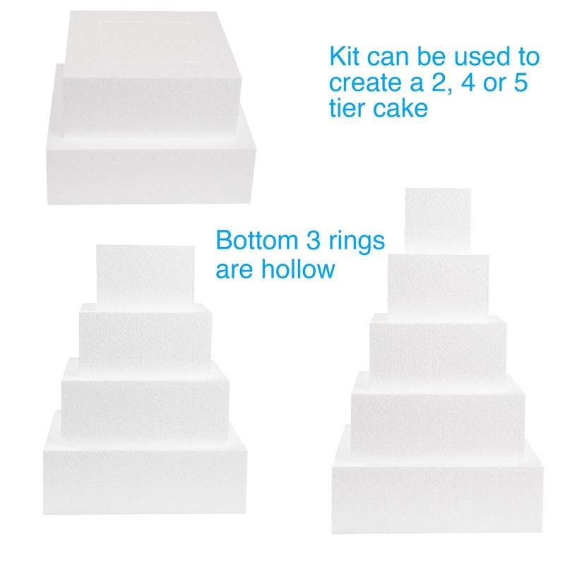 SilverlakeLLC Silverlake 5-Tier Square Cake Dummy Set - Nesting 4"H x 4,6,8,10 & 12"W Blocks for Styrofoam Baking Display Projects - Image 2