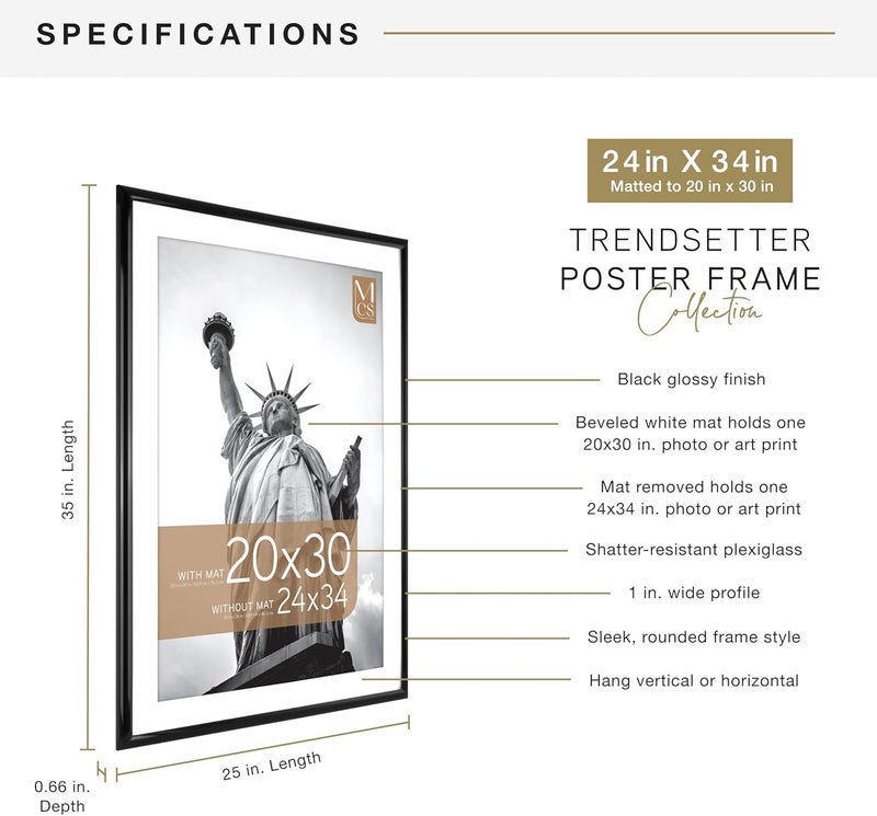 MCS Trendsetter 24x34 Poster Frame, Display Pictures 20x30 With Mat or 24x34 Without Mat, Vertical & Horizontal Wall Hanging Large Picture Frame for Photos & Posters, Black (1-Pack) - Image 4