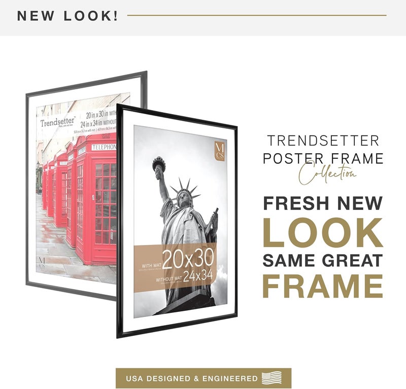 MCS Trendsetter 24x34 Poster Frame, Display Pictures 20x30 With Mat or 24x34 Without Mat, Vertical & Horizontal Wall Hanging Large Picture Frame for Photos & Posters, Black (1-Pack) - Image 2