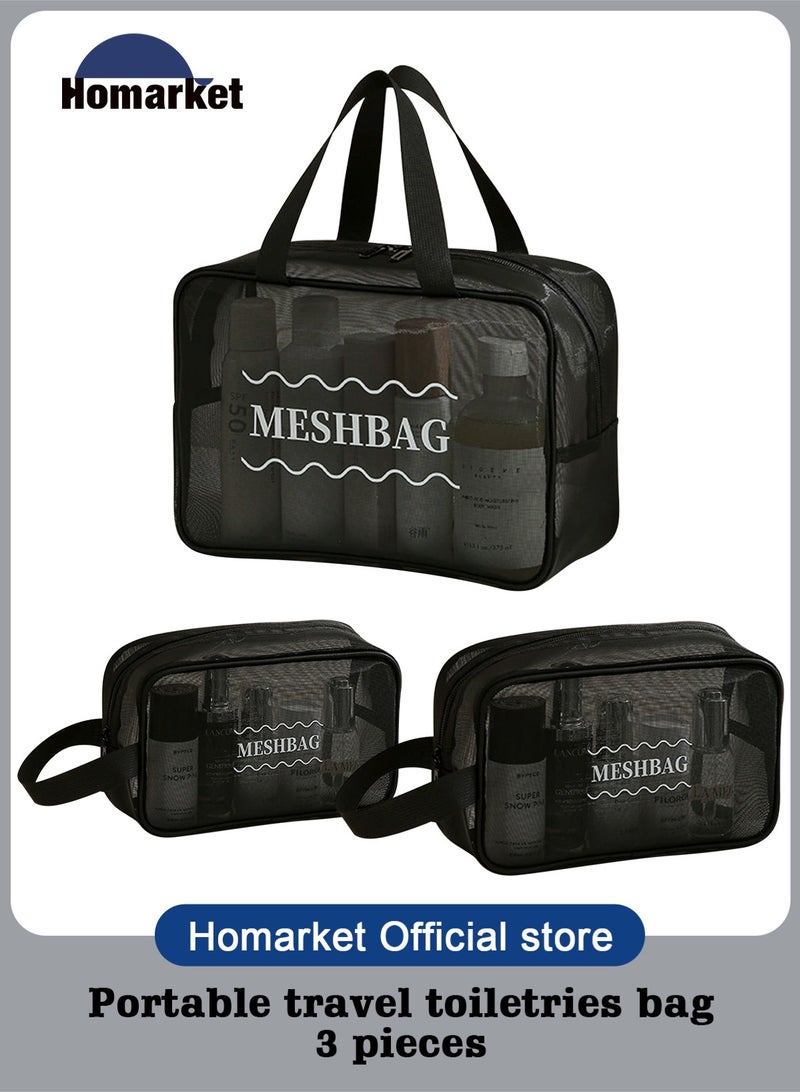 HomarKet Makeup Bag Set-3PCS Portable Large Capacity Travel Cosmetic Bags Toiletry Bags Makeup Purse Bags with Zipper Storage Pouches for Home Offices Travel Accessories,Mesh Transparent Easy Take&Clean,Black - Image 1