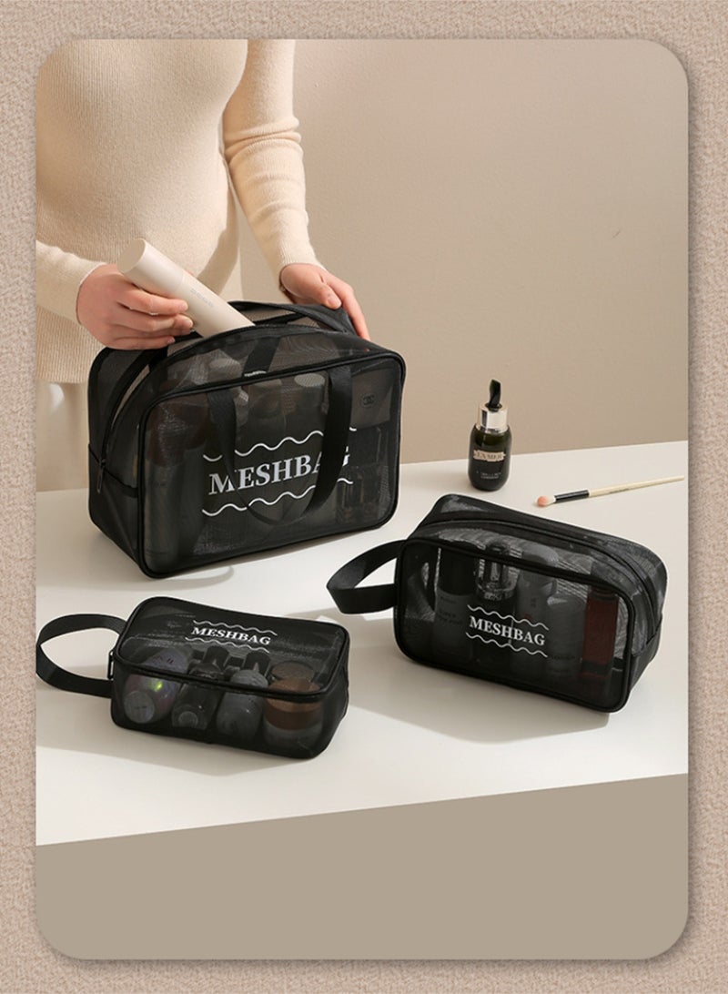 HomarKet Makeup Bag Set-3PCS Portable Large Capacity Travel Cosmetic Bags Toiletry Bags Makeup Purse Bags with Zipper Storage Pouches for Home Offices Travel Accessories,Mesh Transparent Easy Take&Clean,Black - Image 4