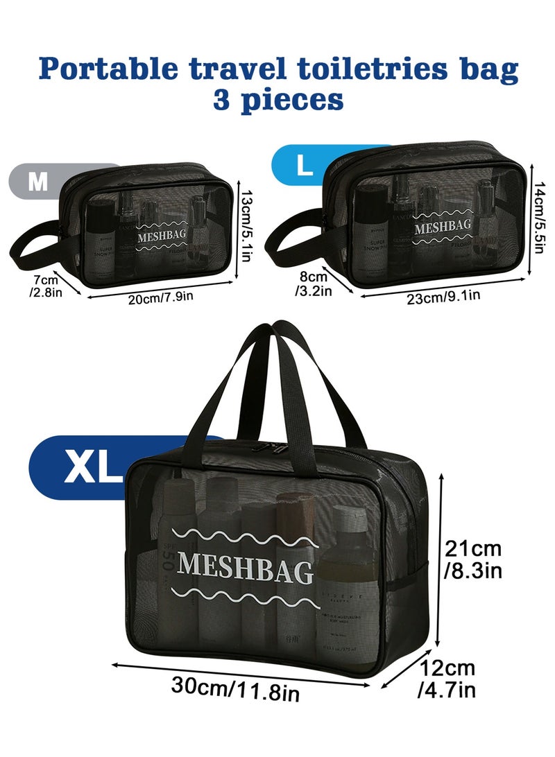 HomarKet Makeup Bag Set-3PCS Portable Large Capacity Travel Cosmetic Bags Toiletry Bags Makeup Purse Bags with Zipper Storage Pouches for Home Offices Travel Accessories,Mesh Transparent Easy Take&Clean,Black - Image 2