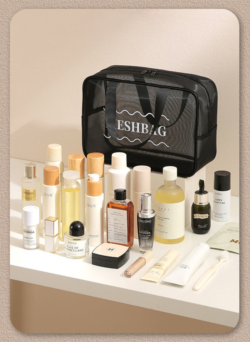 HomarKet Makeup Bag Set-3PCS Portable Large Capacity Travel Cosmetic Bags Toiletry Bags Makeup Purse Bags with Zipper Storage Pouches for Home Offices Travel Accessories,Mesh Transparent Easy Take&Clean,Black - Image 3