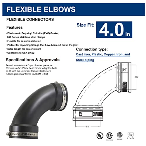 SUPPLYGIANT Supply Giant 6I77 Flexible Elbow Coupling with Stainless Steel Clamps, 4.5" Inner Diameter for 4" Nominal Pipe, Black - Image 2