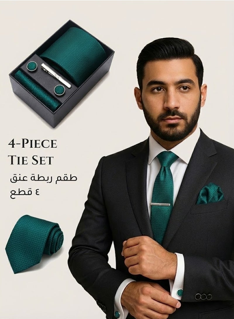 فوريكاسا طقم ربطة عنق فاخر من 4 قطع للرجال – ربطة بنقشة خضراء دقيقة، أزرار أكمام، مشبك، ومنديل جيب متناسق - Image 1