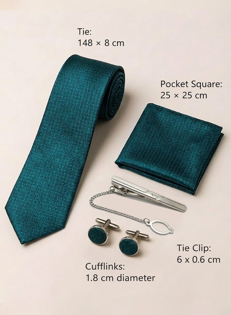 فوريكاسا طقم ربطة عنق فاخر من 4 قطع للرجال – ربطة بنقشة خضراء دقيقة، أزرار أكمام، مشبك، ومنديل جيب متناسق - Image 2
