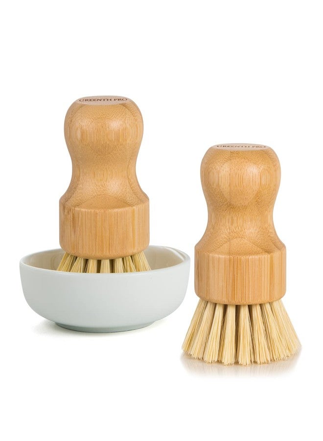 GREENTH PRO Bamboo Dish Brush-2 Pack Nature Sisal Scrubber Brush with Ceramics Holder-Wooden Brush for Pot,Dish and Vegetables - Image 1
