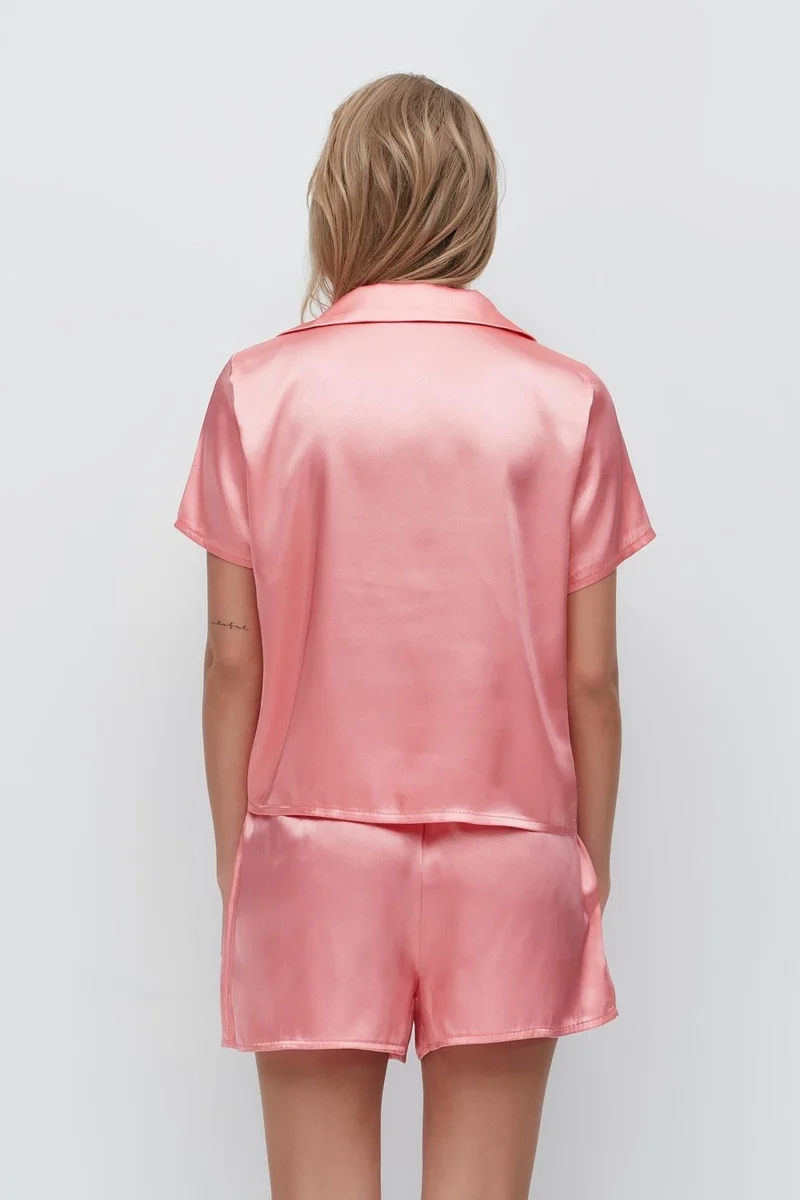 C&city Embroidered Satin Short Sleeve Pajama Set with Shorts 033 Mercan