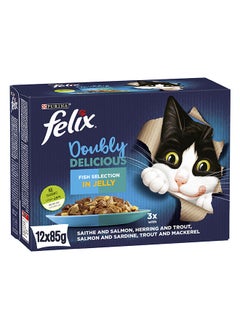 Felix Doubly Delicious Fish Selection In Jelly Wet Cat Food Box  Pack Of 12 White 85grams