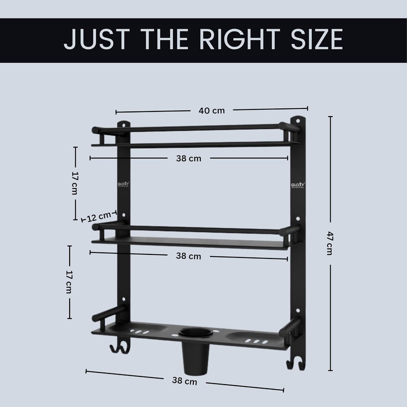 GLOXY Black Matte Finish 4 in 1 Multipurpose Stainless Steel 3 Layer Bathroom Shelf Racks and Shelves with Soap Dish, Toothbrush & Paste Holder for Bathroom Accessories and Fittings (15 x 5 Inches) - Image 2