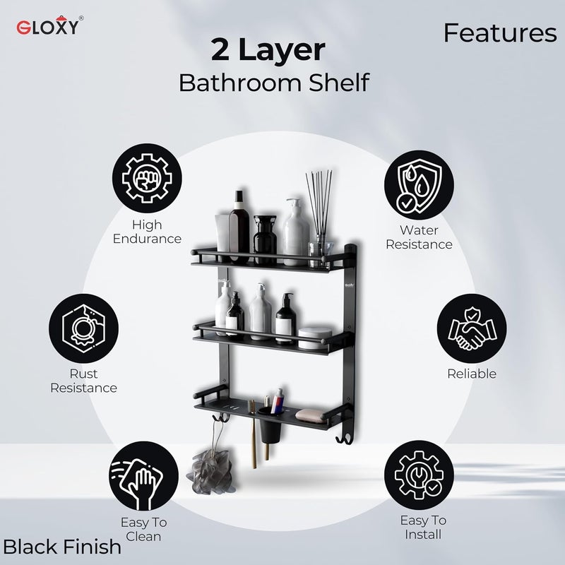 GLOXY Black Matte Finish 4 in 1 Multipurpose Stainless Steel 3 Layer Bathroom Shelf Racks and Shelves with Soap Dish, Toothbrush & Paste Holder for Bathroom Accessories and Fittings (15 x 5 Inches) - Image 4