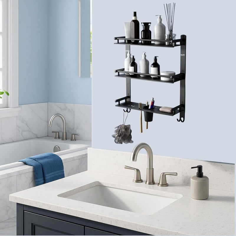 GLOXY Black Matte Finish 4 in 1 Multipurpose Stainless Steel 3 Layer Bathroom Shelf Racks and Shelves with Soap Dish, Toothbrush & Paste Holder for Bathroom Accessories and Fittings (15 x 5 Inches) - Image 5