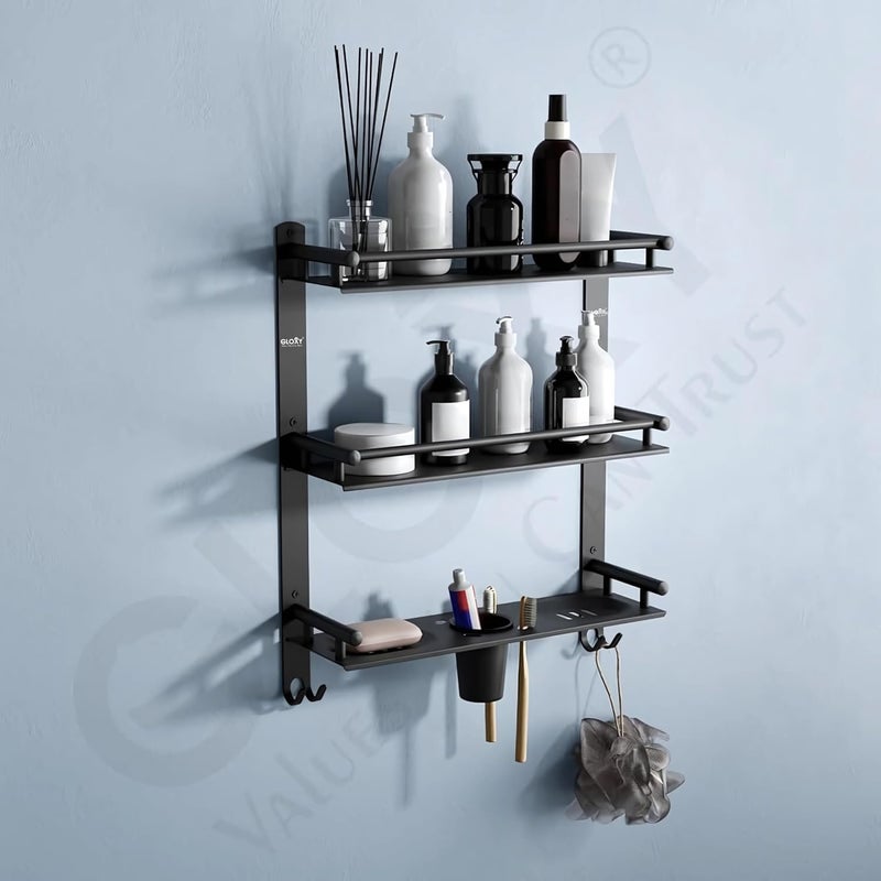 GLOXY Black Matte Finish 4 in 1 Multipurpose Stainless Steel 3 Layer Bathroom Shelf Racks and Shelves with Soap Dish, Toothbrush & Paste Holder for Bathroom Accessories and Fittings (15 x 5 Inches) - Image 1