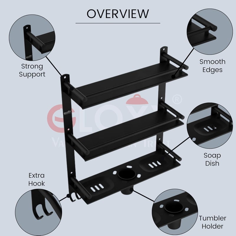 GLOXY Black Matte Finish 4 in 1 Multipurpose Stainless Steel 3 Layer Bathroom Shelf Racks and Shelves with Soap Dish, Toothbrush & Paste Holder for Bathroom Accessories and Fittings (15 x 5 Inches) - Image 3