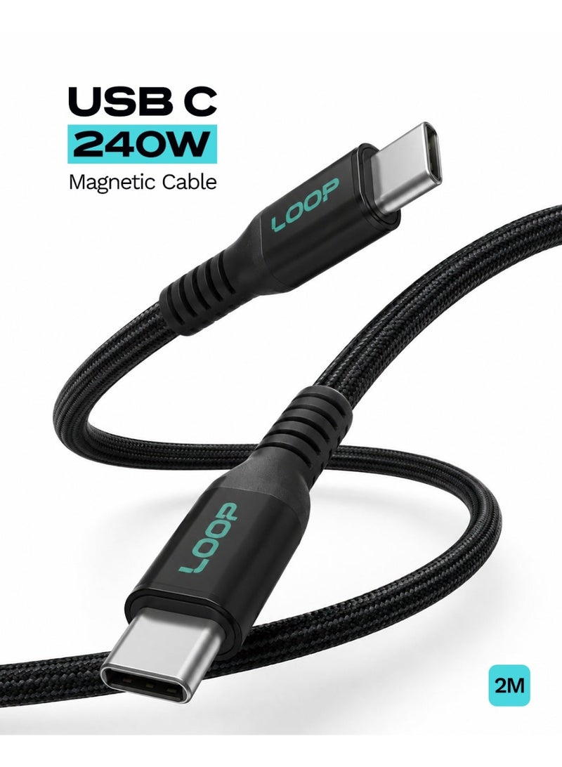 لووب كابل USB-C مغناطيسي من LOOP بقوة 240 واط، مضفر من النايلون وذو لف ذاتي، للشحن السريع لأجهزة MacBook وiPhone وSamsung (2M - أسود) - Image 1
