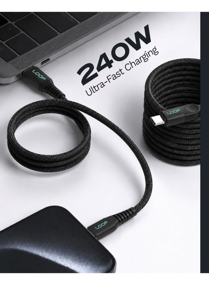 لووب كابل USB-C مغناطيسي من LOOP بقوة 240 واط، مضفر من النايلون وذو لف ذاتي، للشحن السريع لأجهزة MacBook وiPhone وSamsung (2M - أسود) - Image 4