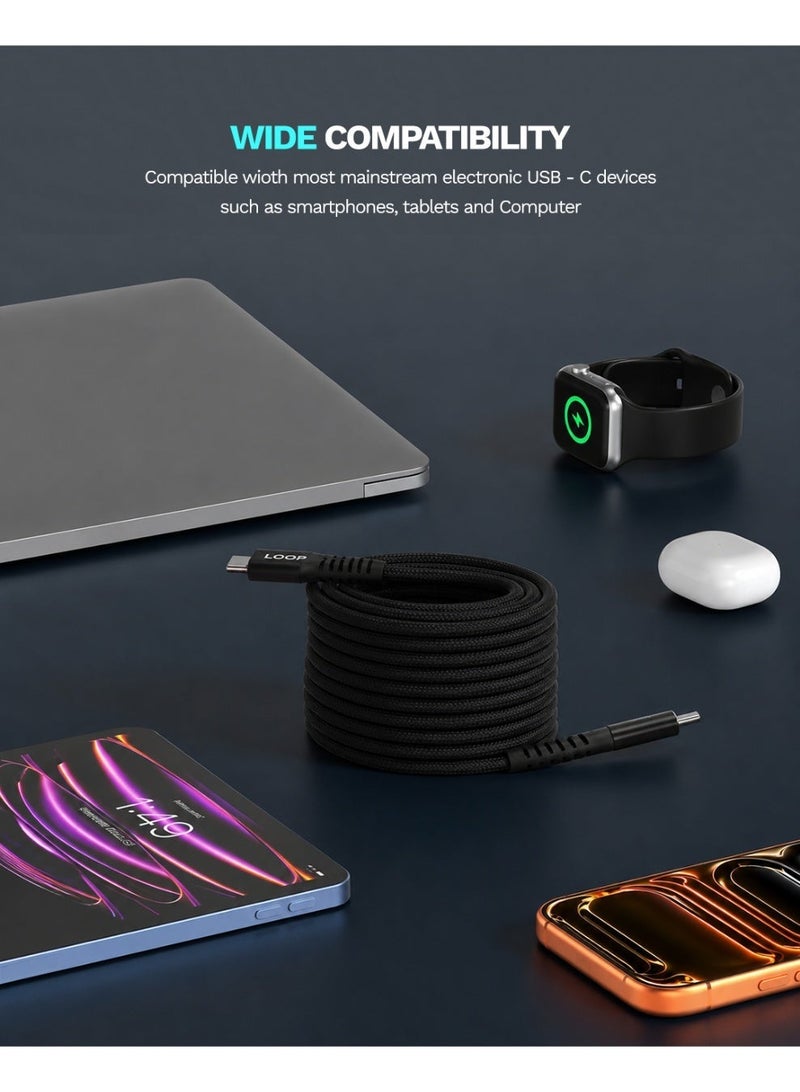 لووب كابل USB-C مغناطيسي من LOOP بقوة 240 واط، مضفر من النايلون وذو لف ذاتي، للشحن السريع لأجهزة MacBook وiPhone وSamsung (2M - أسود) - Image 5