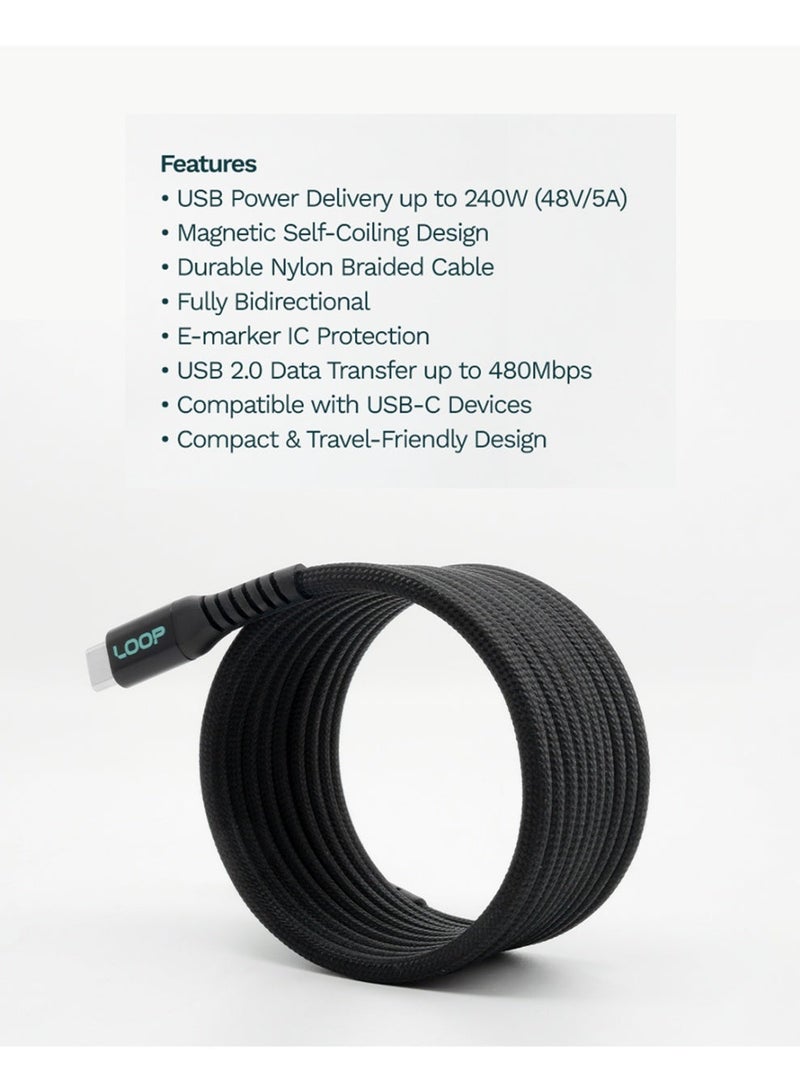 لووب كابل USB-C مغناطيسي من LOOP بقوة 240 واط، مضفر من النايلون وذو لف ذاتي، للشحن السريع لأجهزة MacBook وiPhone وSamsung (2M - أسود) - Image 2