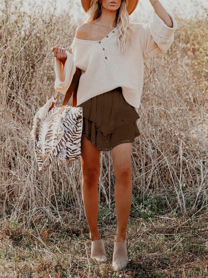 Aoudery Flowy Shorts for Women Casual Boho Ruffle Tiered Skorts High Waist Mini Skirts Golf Tennis Butterfly Crochet Shorts - Chocolate Brown M - Image 3
