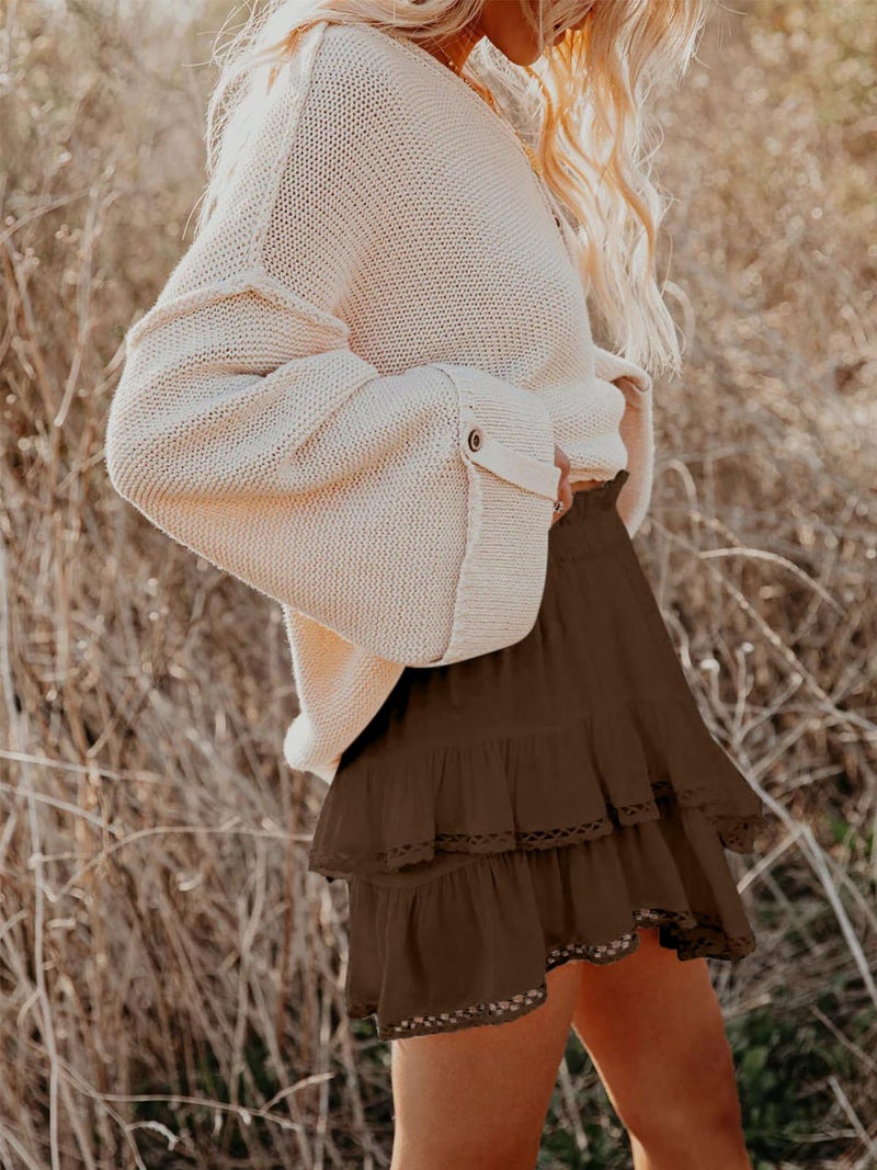 Aoudery Flowy Shorts for Women Casual Boho Ruffle Tiered Skorts High Waist Mini Skirts Golf Tennis Butterfly Crochet Shorts - Chocolate Brown M - Image 4