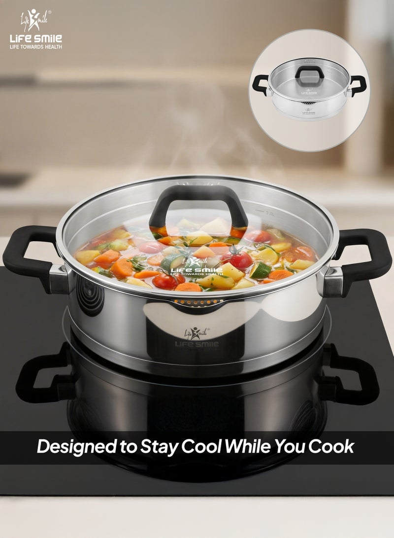 Life Smile Premium 18/10 Stainless Steel Cookware Set - Steel Pots and Pans Set Induction Kitchen Cooking Set Includes Casseroles 20/24/28cm ,Shallow Pot 28cm - Image 5