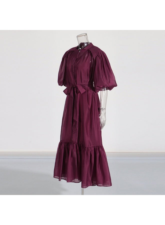 Madam Uniq Plum Chiffon Midi Dress with Puff Sleeves and Waist Tie - Image 3