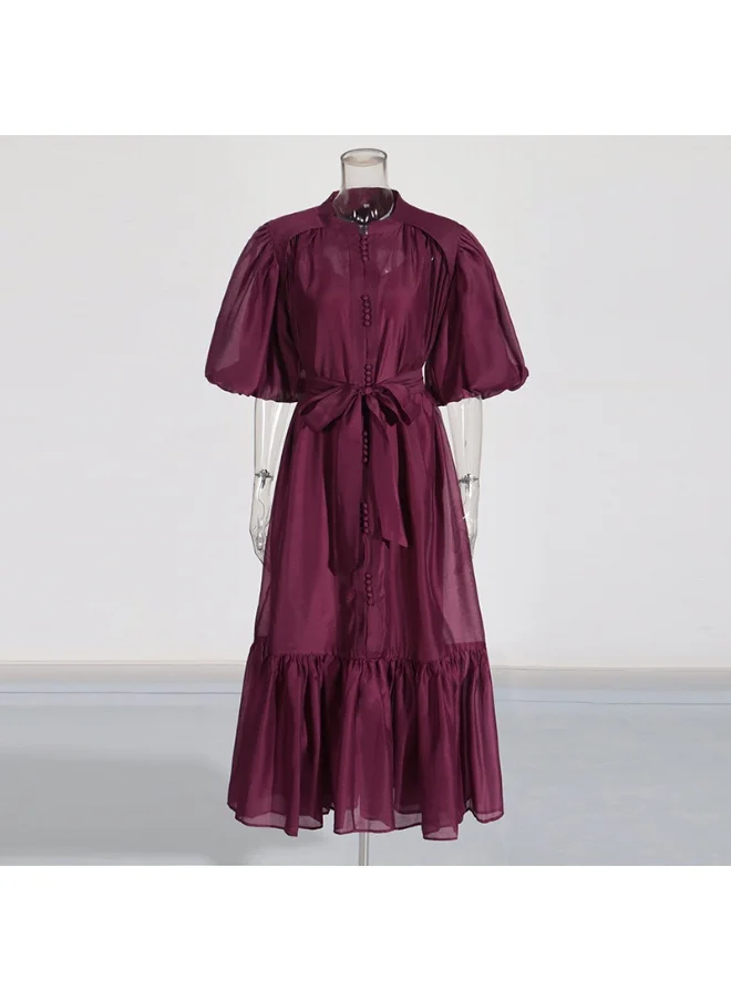 Madam Uniq French Vintage Court Style Puff Sleeve Tie Waist Elegance Long Dress for Women