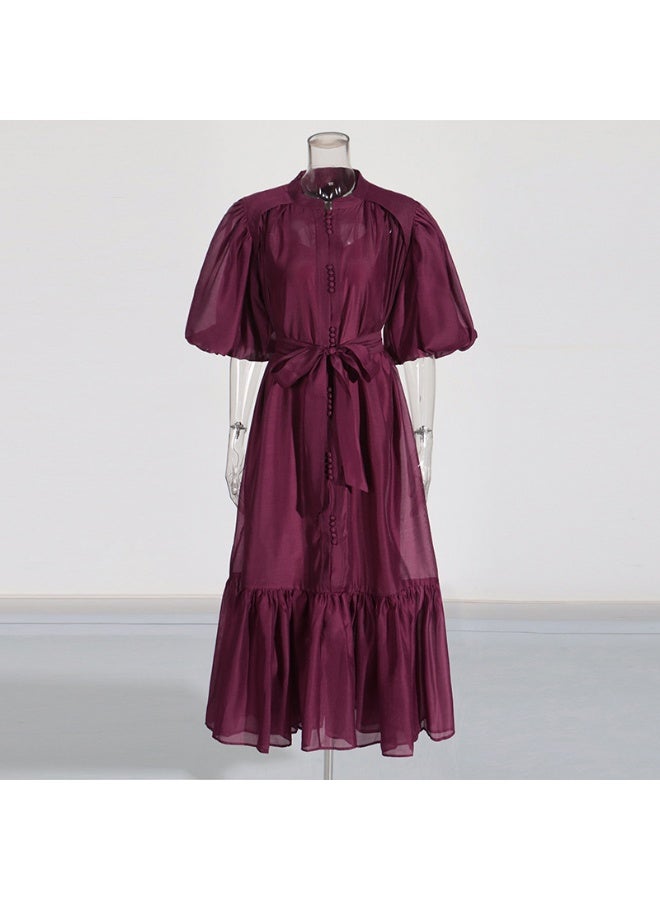 Madam Uniq Plum Chiffon Midi Dress with Puff Sleeves and Waist Tie - Image 2