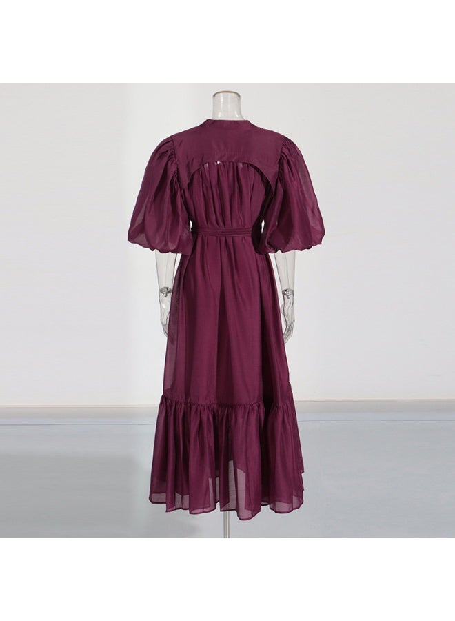 Madam Uniq Plum Chiffon Midi Dress with Puff Sleeves and Waist Tie - Image 4