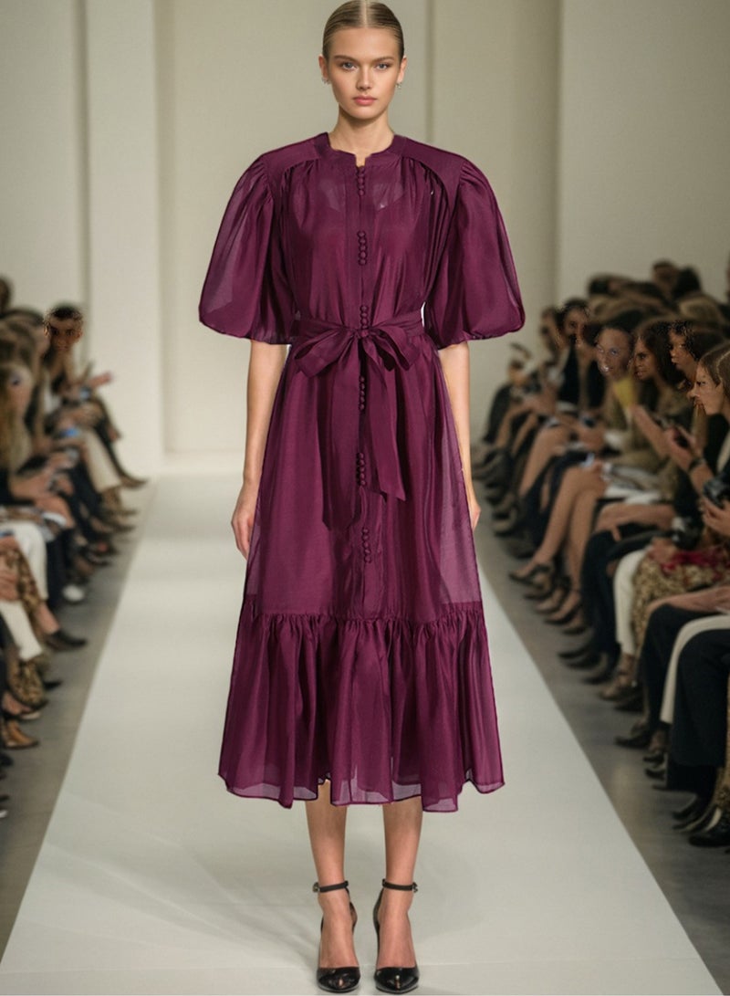 Madam Uniq Plum Chiffon Midi Dress with Puff Sleeves and Waist Tie - Image 1